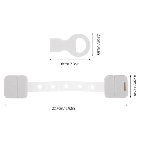 Adhesive Baby Locks With Key For Cabinets And Drawers visible with dimensions, showing key, straps, and latch design for safety proofing.