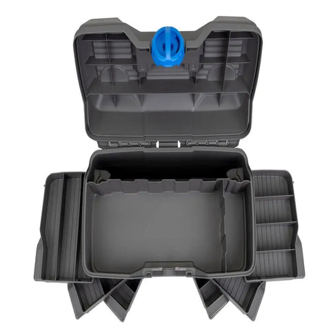 Open Next Gen 6 0 Large Fishing Tackle Box With 6 Pivot Trays And 32 Compartments Includes 25 Piece Starter Tackle Kit Heavy Duty Gear Storage And Lure Organizer Dark Gray showing interior compartments.