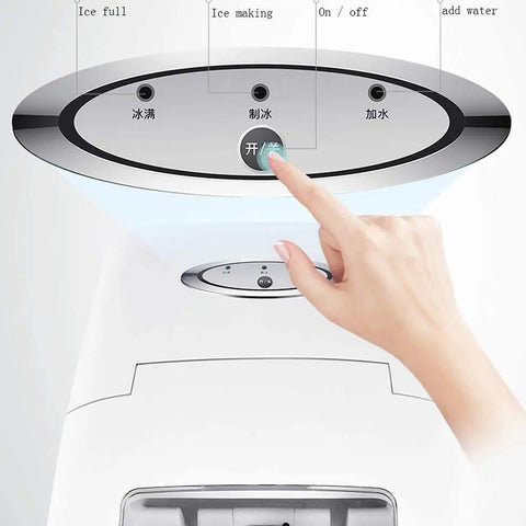 User operating the controls of a Reliable Countertop Ice Maker Machine Produces Straight Up Fast Round Cubes In Just Seven Minutes.