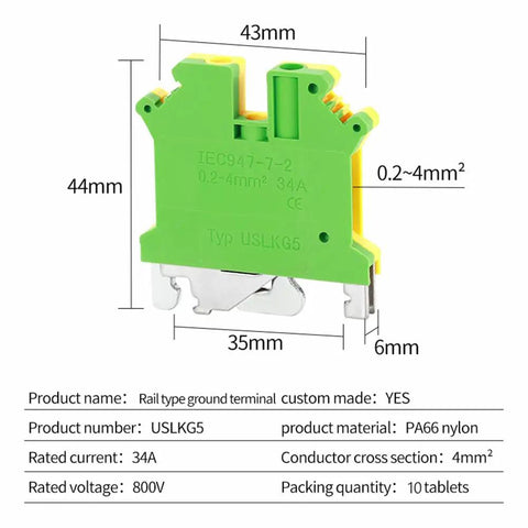 Single DIN rail ground terminal block with screw clamp connectors, nylon PA66 housing, 690V 34A, nickel-plated screws.