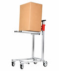 Heavy Duty Manual Winch Lift Stacker Raising Gear 132 LB Portable Folding Material Lifter For Boxes And Equipment With Self Locking Hand Crank with box on platform.