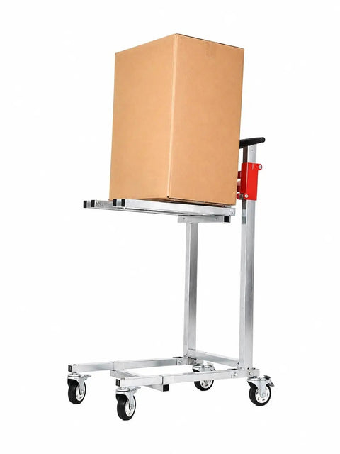 Heavy Duty Manual Winch Lift Stacker Raising Gear 132 LB Portable Folding Material Lifter For Boxes And Equipment With Self Locking Hand Crank with box on platform.