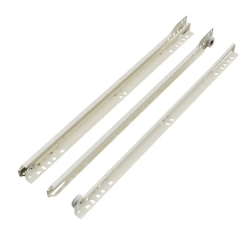 Durable 10 To 24 Inch Drawer Slide Kit with Nylon Wheel Rails, Powder Coated Bottom Mount, 30mm Wide, shown from top angle.