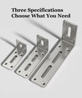 Three sizes of sturdy stainless steel L shaped shelf brackets for wall mounts, right angle corner supports, heavy duty adjustable angles.