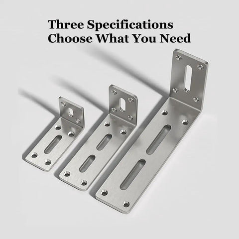 Three sizes of sturdy stainless steel L shaped shelf brackets for wall mounts, right angle corner supports, heavy duty adjustable angles.