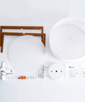 Components of Semi Flush Mount Ceiling Light Fixture With Wood And Off White Fabric Drum Shade Modern Chandelier Disassembled