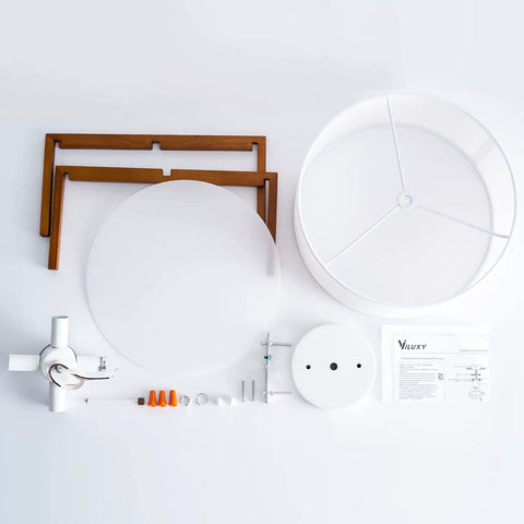 Components of Semi Flush Mount Ceiling Light Fixture With Wood And Off White Fabric Drum Shade Modern Chandelier Disassembled