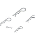 Five stainless steel hairpin cotter pins from 100pcs Stainless Steel Hairpin Cotter Pin Clip Kit With Resealable Storage Case For Heavy Duty Automotive And Industrial Machinery Applications Pro Grade Secure Hold scattered on a white surface.