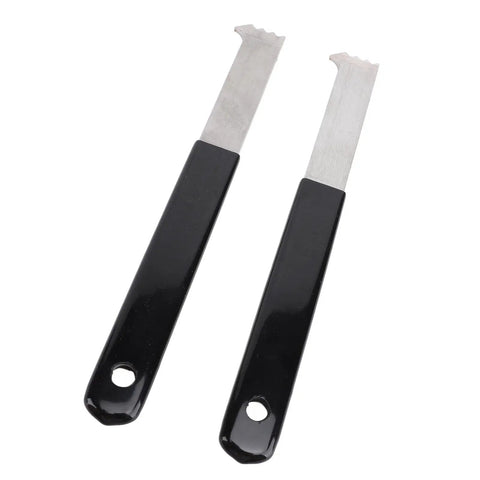 2 Pack Paver Puller Tool With Micro Teeth Joint Scraper And Gripper Slots for lifting and removing pavers with steel handles shown.