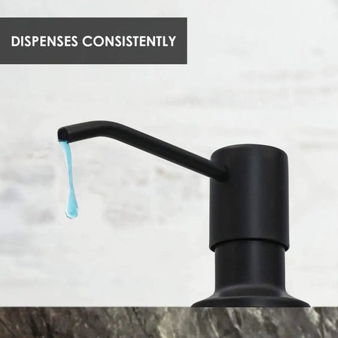 Close-up of Built In Kitchen Sink Soap Dispenser Black Matte With Stainless Steel Pump Durable 304 Stainless Steel Body dispensing soap.