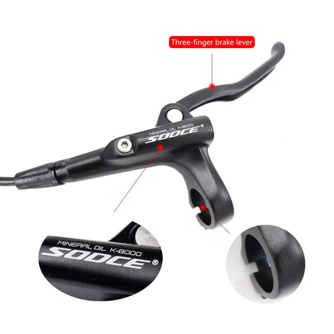 Close-up of three-finger brake lever from Dual Piston Hydraulic Mountain Bike Brakes Set Left Front 1000mm And Right Rear 1700mm With Aluminum Alloy MTB Calipers IS PM Adapter Oil Fill Line Includes 160mm Disc No Fuss Install