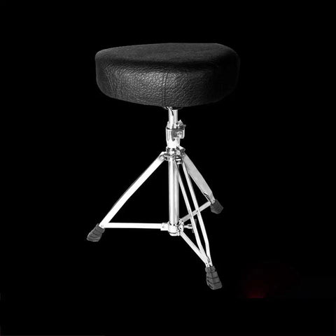 Straight Up Heavy Duty Drum Throne With Motorcycle Style Seat Universal Music Piano Guitar Stool Built For Gig Musicians Adjustable Height Rock Solid Frame In Matte Black on a tripod base with rubber feet.