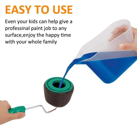 Pour And Paint Wall Roller Brush With Comfort Grip Handle For Flawless Indoor And Outdoor Finishes Skip The Mess Easy Diy Home Refresh and Smooth Operator Painting Tool pouring blue paint into roller.