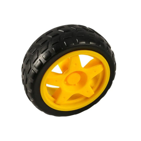 Yellow and black wheel from Four Pack TT Motors With 1 To 48 Gearbox Dual Shaft, 3 To 6V, 200 RPM, Wheel Kit For Arduino DIY Smart Car Robots.