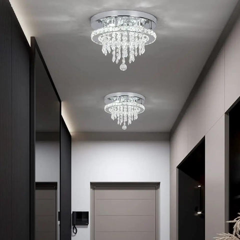 Crystal Chandelier With K9 Crystals And Stainless Steel Pendant Light, 3 LED Lights, Flush Mount Ceiling Fixture in hallway