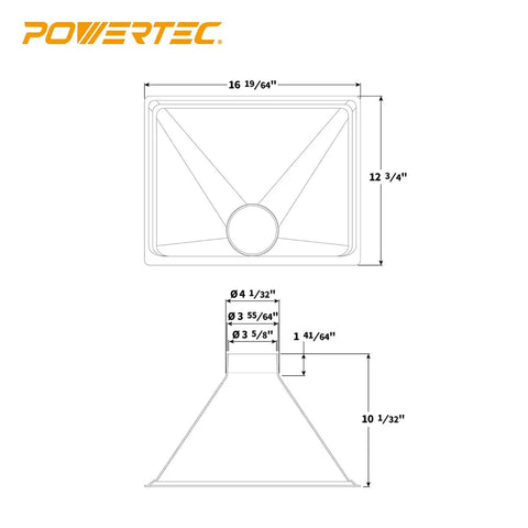 Technical diagram of Big Gulp Dust Hood for Woodworking Dust Collection with 13 x 16 inch opening, plastic dust hood dimensions.