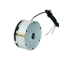 Micro galvanic electromagnetic brake with silver housing, mounting flange with six holes and wiring coil