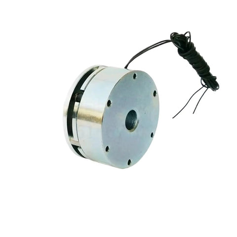 Micro galvanic electromagnetic brake with silver housing, mounting flange with six holes and wiring coil