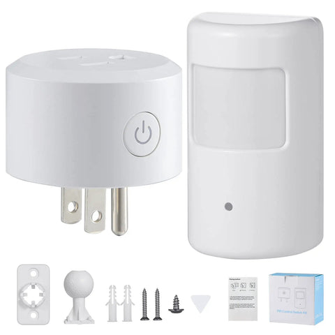 Motion Sensor Switch With Outlet Plug-In for home use, auto turns on lights fans or AC with PIR infrared sensor, components shown