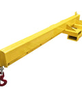 Heavy Duty Forklift Mobile Crane With 2 Ton Capacity Adjustable Jib Boom and Telescopic Arm for Horizontal and Vertical Lifting, yellow jib with hook.