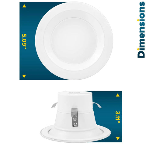4 Inch LED Recessed Can Lights, Dimmable, Wet Rated, IC Rated, 750 Lumen Output, 10W, side and top view showing dimensions