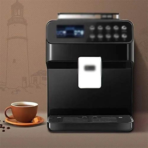 Gotta Love This Fully Automatic Espresso Machine With A Slick Milk Frother And One Touch Buttons, black finish, front view, with coffee cup.