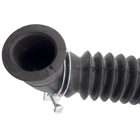 Close-up of durable, flexible drain hose with metal clamp for clothes washer drain hose replacement with clamps for quick install.