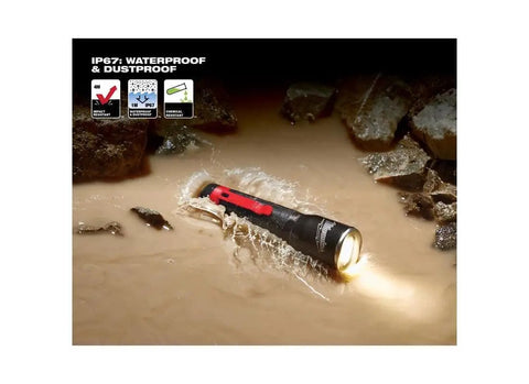 Adjustable Focus 325 Lumen Flashlight With 18 Hour Battery Life And Rugged Aluminum Build For Work And Outdoors Pro Grade Go To Everyday Carry For Night Tasks, shown in water to demonstrate IPX7 waterproof feature.