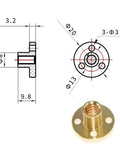 Heavy Duty T5 Lead Screw 304 Stainless Steel Rod With Copper Nut For 3D Printer Z Axis, flanged coupling with precise dimensions.