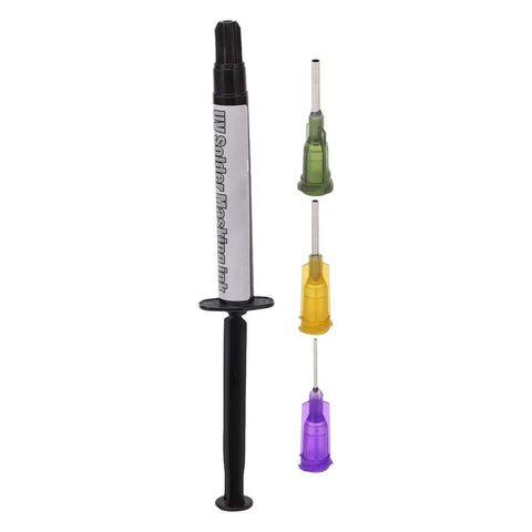 UV Curing Solder Mask Ink For PCB Repair And Insulation, 3CC Capacity, shown with three colorful needle nozzles