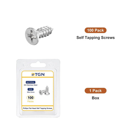 Premium Heavy Duty 100 Piece M4 X 12 Mm Flat Head Phillips Self Tapping Wood Screws Made From Tough 304 Stainless Steel in package.