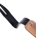 Close-up of Root Lifter Weeding Tool for Lawn and Yard Hand Weeder with angled head, stainless rust-proof steel blade and wood handle.