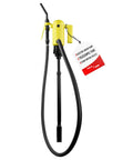 Rugged Telescopic Electric Gasoline Transfer Pump Pushes 4 2 Gpm Through A Rock Solid Flow Control Nozzle with black hose and yellow handle.