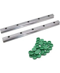 Rock solid Precision Linear Guide Rail Kit Featuring High Grade Steel Blocks And Smooth HGW25CC Sliders With 900mm HGR25 Rails Perfect For Fast 3D Printers And CNC Machines That Need Zero Stick Slip Action For Ultimate Performance. Two 900mm steel rails with green block caps