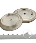 Five Inch CBN Bandsaw Grinding Wheel For Seven Eighths Inch Tooth Spacing Blades Ten And Thirty Degree Tooth Pitch Compatible With Wood Mizer BMS500 Sharpener And Grinder Pro Grade Low Heat Build Up For Cleaner Cuts Silver, shown with close-up of blade tooth and two silver wheels.