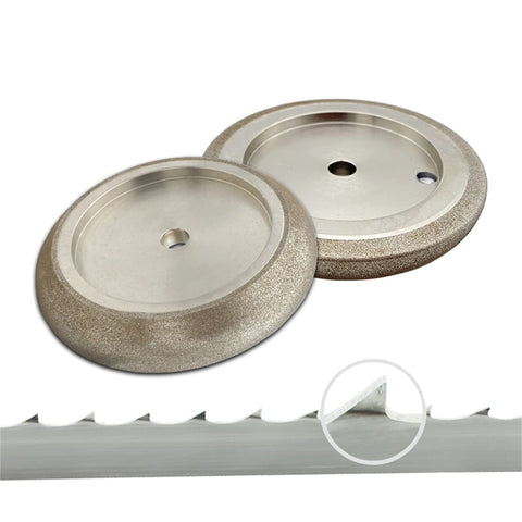 Five Inch CBN Bandsaw Grinding Wheel For Seven Eighths Inch Tooth Spacing Blades Ten And Thirty Degree Tooth Pitch Compatible With Wood Mizer BMS500 Sharpener And Grinder Pro Grade Low Heat Build Up For Cleaner Cuts Silver, shown with close-up of blade tooth and two silver wheels.