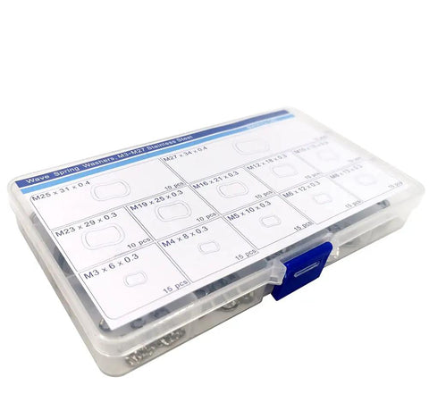 Hella Tough Stainless Steel Wave Spring Washer Assortment Kit holds 145 pieces from M3 to M27 in a compact storage case.