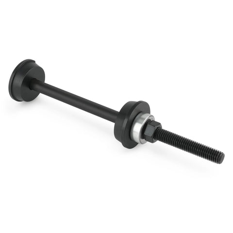 Steering head cup bearing race installer tool with black rod and threaded bolt