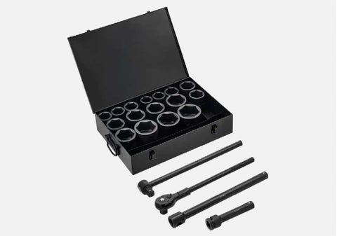 Big Time Heavy Duty 1 Inch Drive Impact Socket Set 21 Piece Standard Inch Sizes Chrome Vanadium Steel in black case.