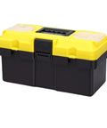 Yellow and black rugged 13 inch plastic tool box with secure locking latch and removable tray for home garage or truck storage padlock ready security.