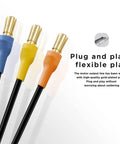 Three gold-plated connector cables in blue, yellow, and orange with the text 'Plug and play, flexible play' visible on white background.