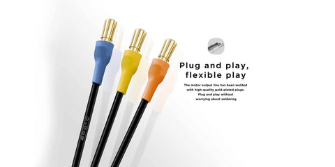 Three gold-plated connector cables in blue, yellow, and orange with the text 'Plug and play, flexible play' visible on white background.