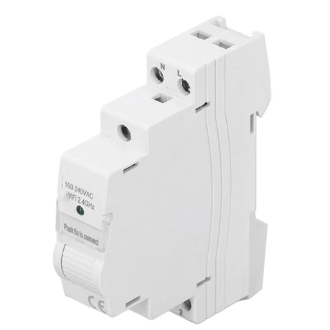 Hassle Free Smart Energy Meter With Instant WiFi App Control For Real Time Power Usage Tracking And Pool Pump Monitoring On Standard AC Outlet Wiring, white energy meter plug with power connections.