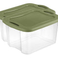 Heavy Duty 2 Pack 40 Quart Clear Plastic Storage Bins Stackable Totes With Secure Snap Lids And Grip Carry Handles, clear bins with green lids.