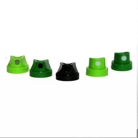 Green Caps Bulk Pack Of 50 Nozzles For Level Spray Paint Pro Grade Street Art Graffiti Mural Tools shown in various sizes.
