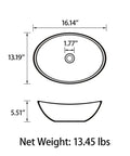 Dope Oval White Ceramic Vessel Sink For Bathroom, Countertop Install, 16 By 13 By Five And A Half Inches, size diagram