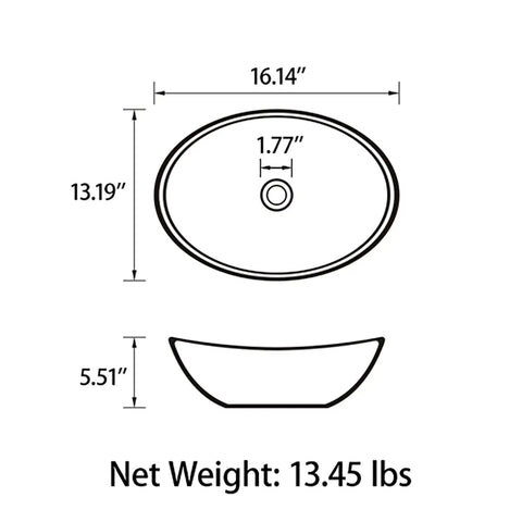 Diagram showing dimensions of a vessel sink with oval shape, 16.14 x 13.19 inches, distinct from the White Rectangular Ceramic Countertop Vessel Sink 24 By 14 By 4.33 Inches, Durable Bathroom Vanity Vessel With Easy Install, Low Maintenance, Dope Modern Look For Any Bath.