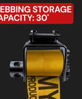 Close-up of 4 Pack Bolt On Winch Set for Flatbed Trailers and Trucks, showing 30-foot webbing capacity in black steel frame.
