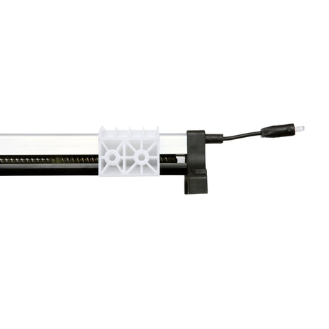 Linear actuator for recliner lift chairs with white mounting bracket and black housing, power cable attached
