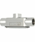 Heavy Duty Stainless Steel Form 8 Conduit Body With Cover And Weather Seal Gasket side view with threaded end, rugged design for electrical setups.
